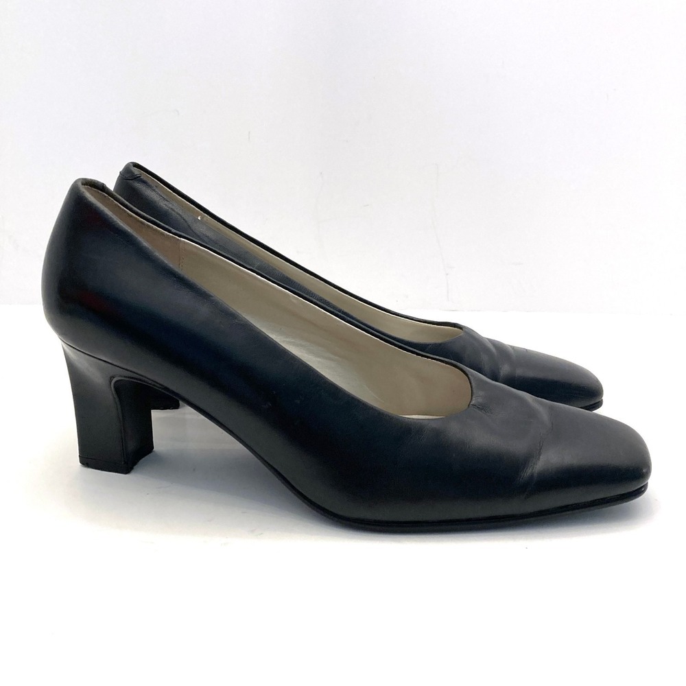 Vtg Andrew Geller Magic Maestro Heels Pumps Womens 7 Black Leather Square Toe - Picture 1 of 9